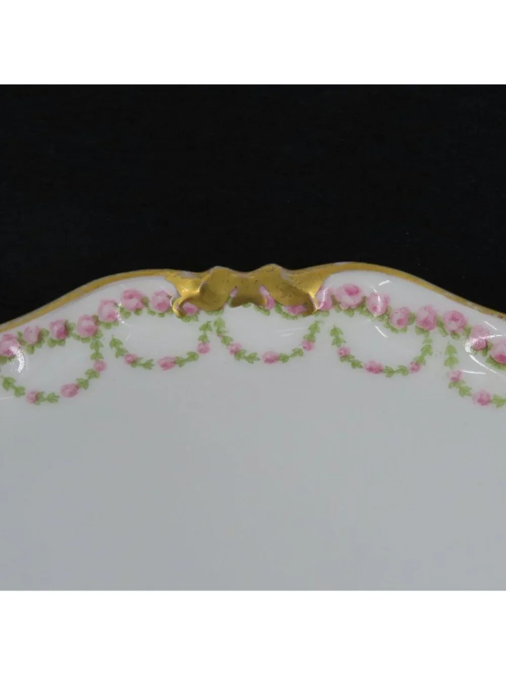 GOA Limoges Double Handle Plate 9.75in x 8.9in Pink Rose Floral Flower Swag Gold